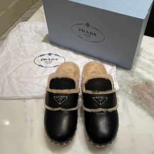 PRADA Leather Shearling Logo Mule Clogs